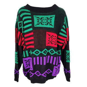 Vtg Sweater Womens Large 80s Geometric Cosby Colorful Knit Pullover Retro Grunge